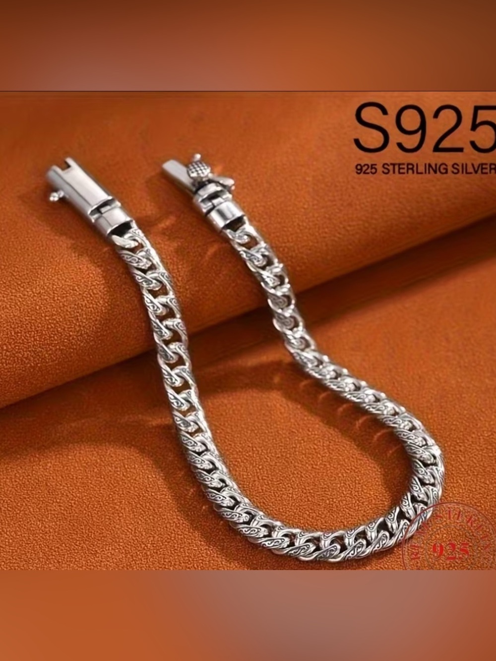 NEW MENS 925 STERLING SILVER TANG GRASS PATTERN CURB LINK BRACELET 8.7” 38 GRAMS - Picture 4 of 15